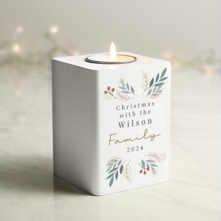 Personalised Christmas Foliage White Tealight Holder: 3 - Candle Holders By Gift Moments