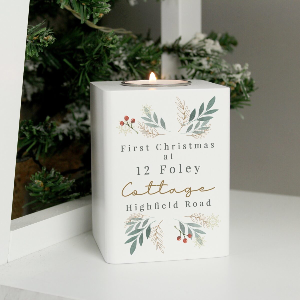 Personalised Christmas Foliage White Tealight Holder: 4 - Candle Holders By Gift Moments