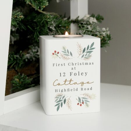 Personalised Christmas Foliage White Tealight Holder: 4 - Candle Holders By Gift Moments
