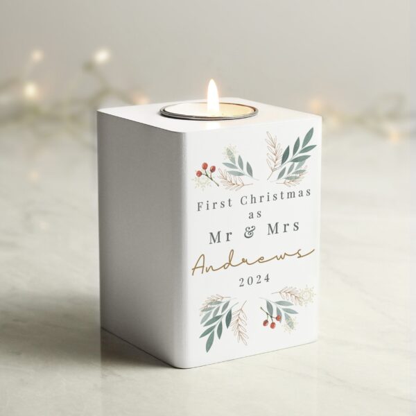 Personalised Christmas Foliage White Tealight Holder: 1 - Candle Holders By Gift Moments