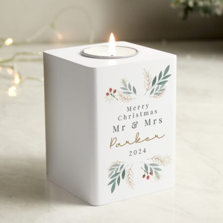 Personalised Christmas Foliage White Tealight Holder: 2 - Candle Holders By Gift Moments