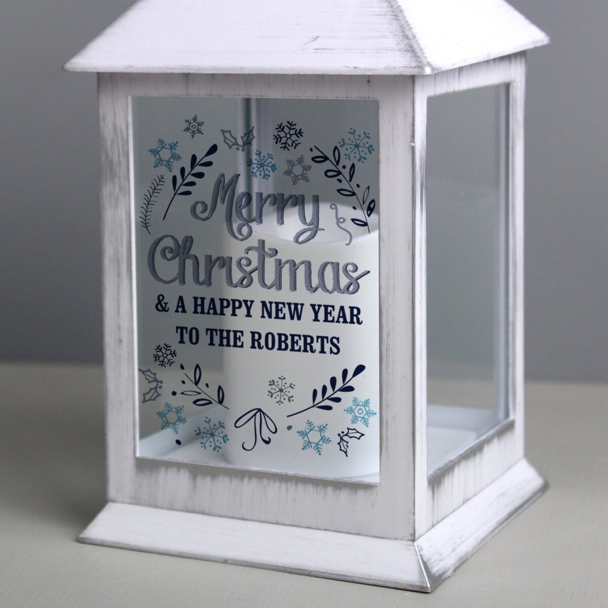 Personalised Christmas Frost White Lantern: 3 - LED Lighting By Gift Moments