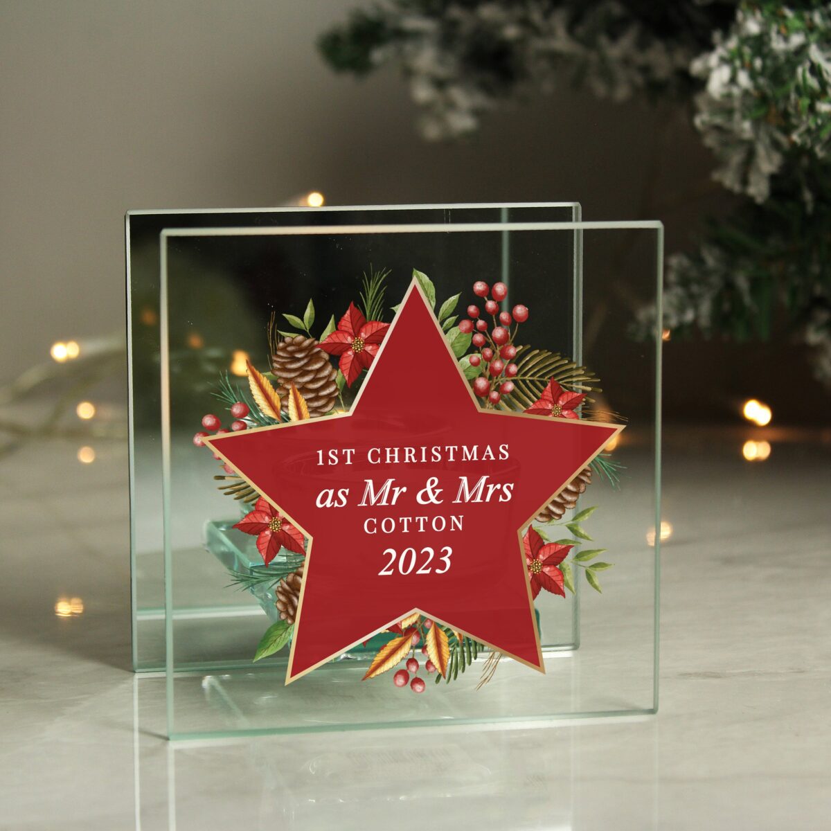 Personalised christmas glass tea light candle holder