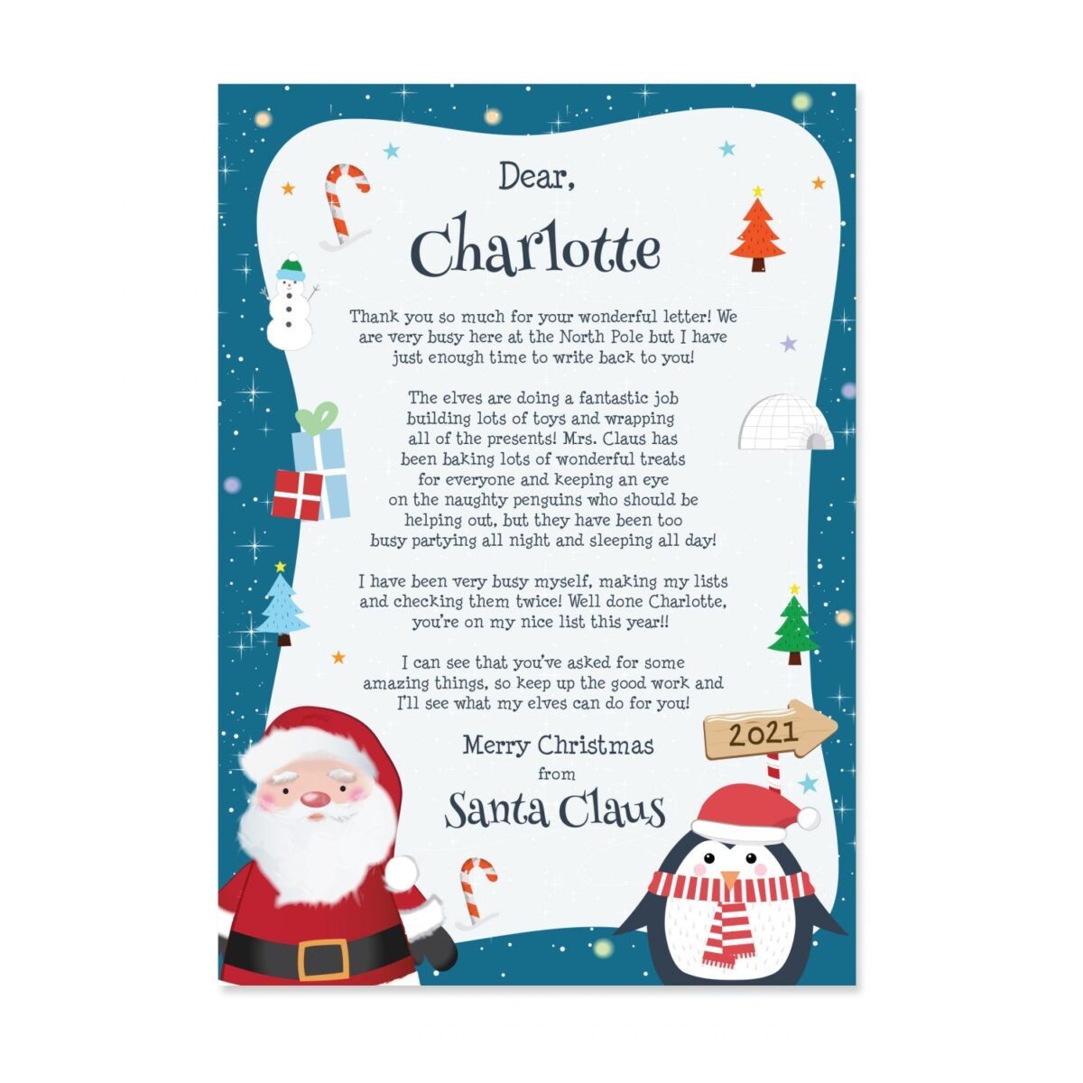 Personalised christmas penguin letter