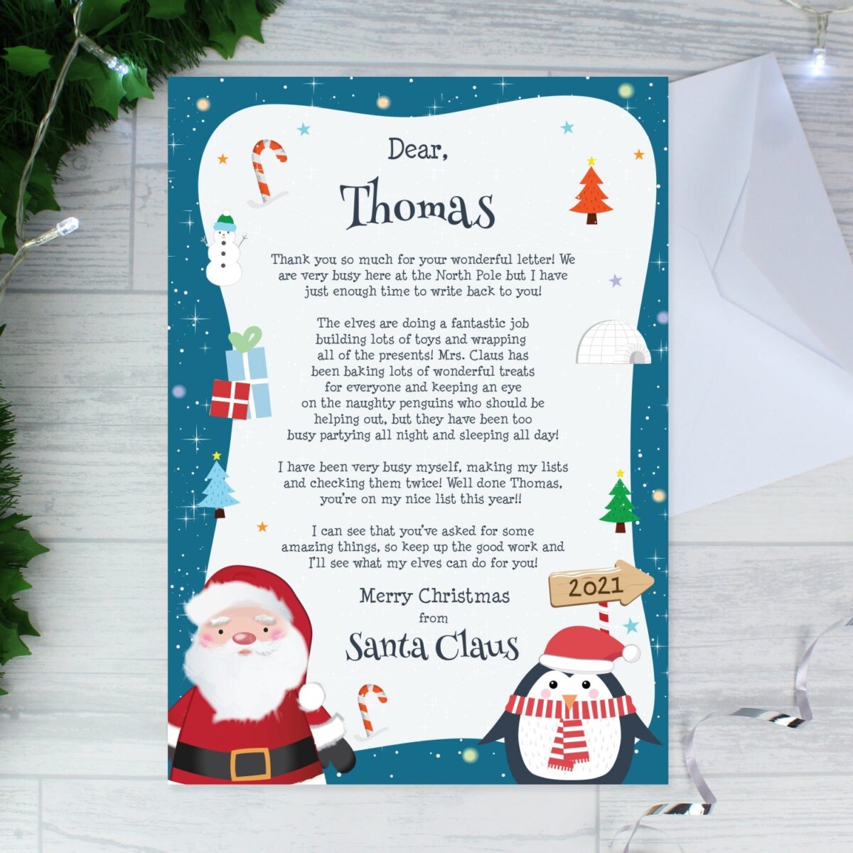 Personalised christmas penguin letter