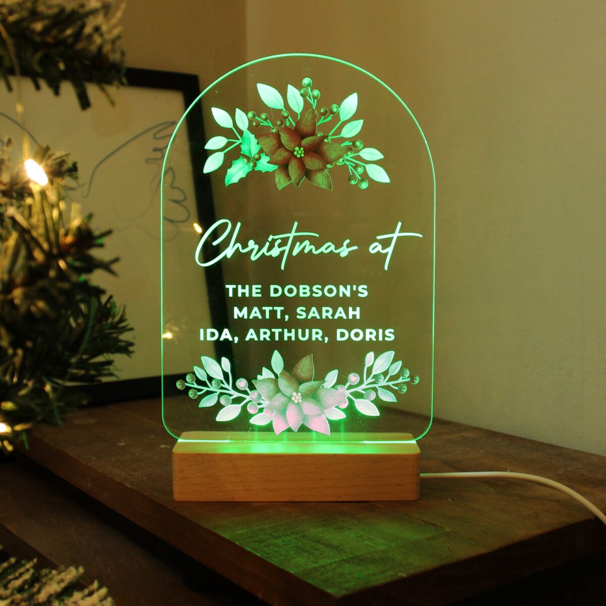 Personalised christmas poinsettia wooden based led light
