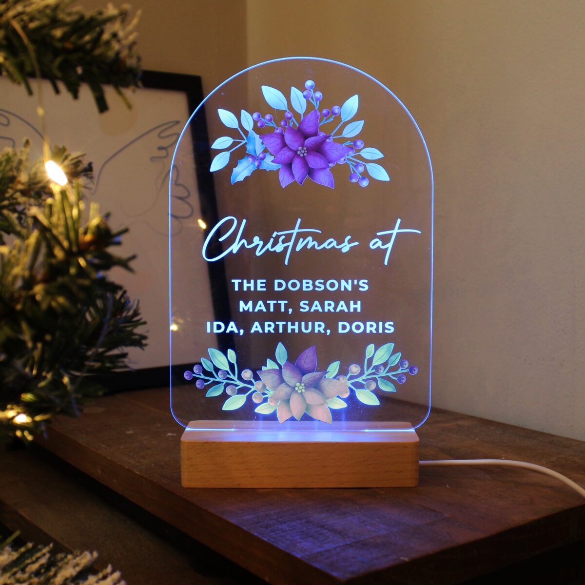 Personalised christmas poinsettia wooden based led light