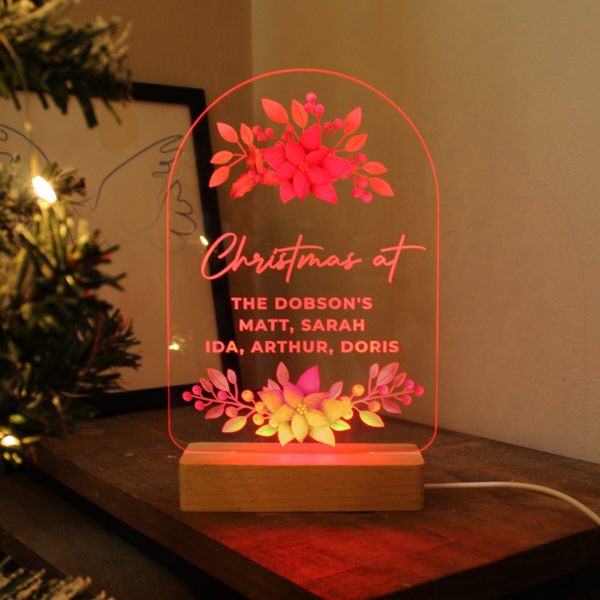 Personalised christmas poinsettia wooden based led light
