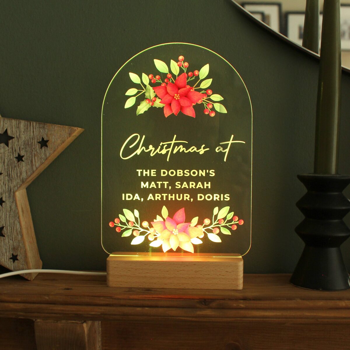 Personalised christmas poinsettia wooden based led light