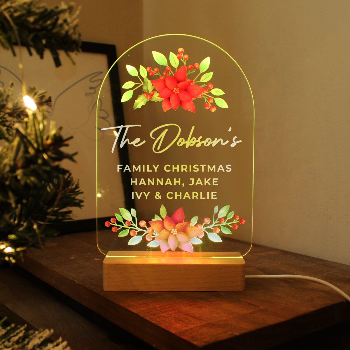 Personalised christmas poinsettia wooden based led light