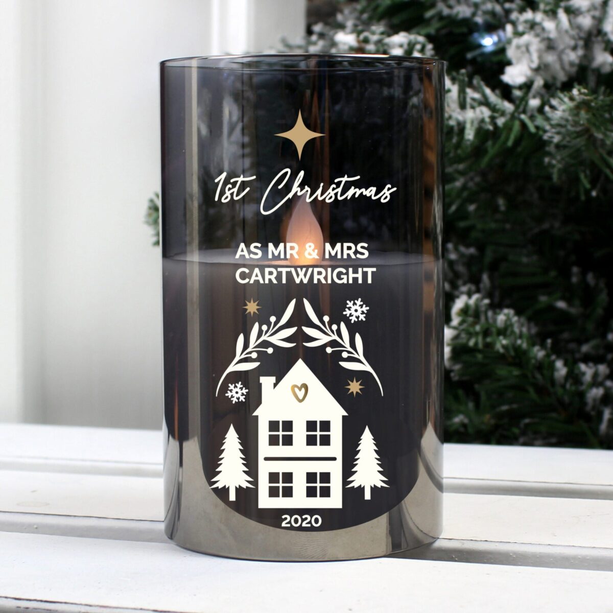 Personalised christmas smoked glass led candle