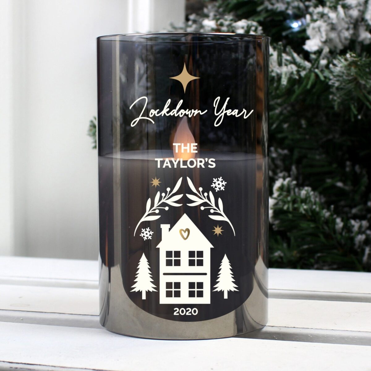 Personalised christmas smoked glass led candle
