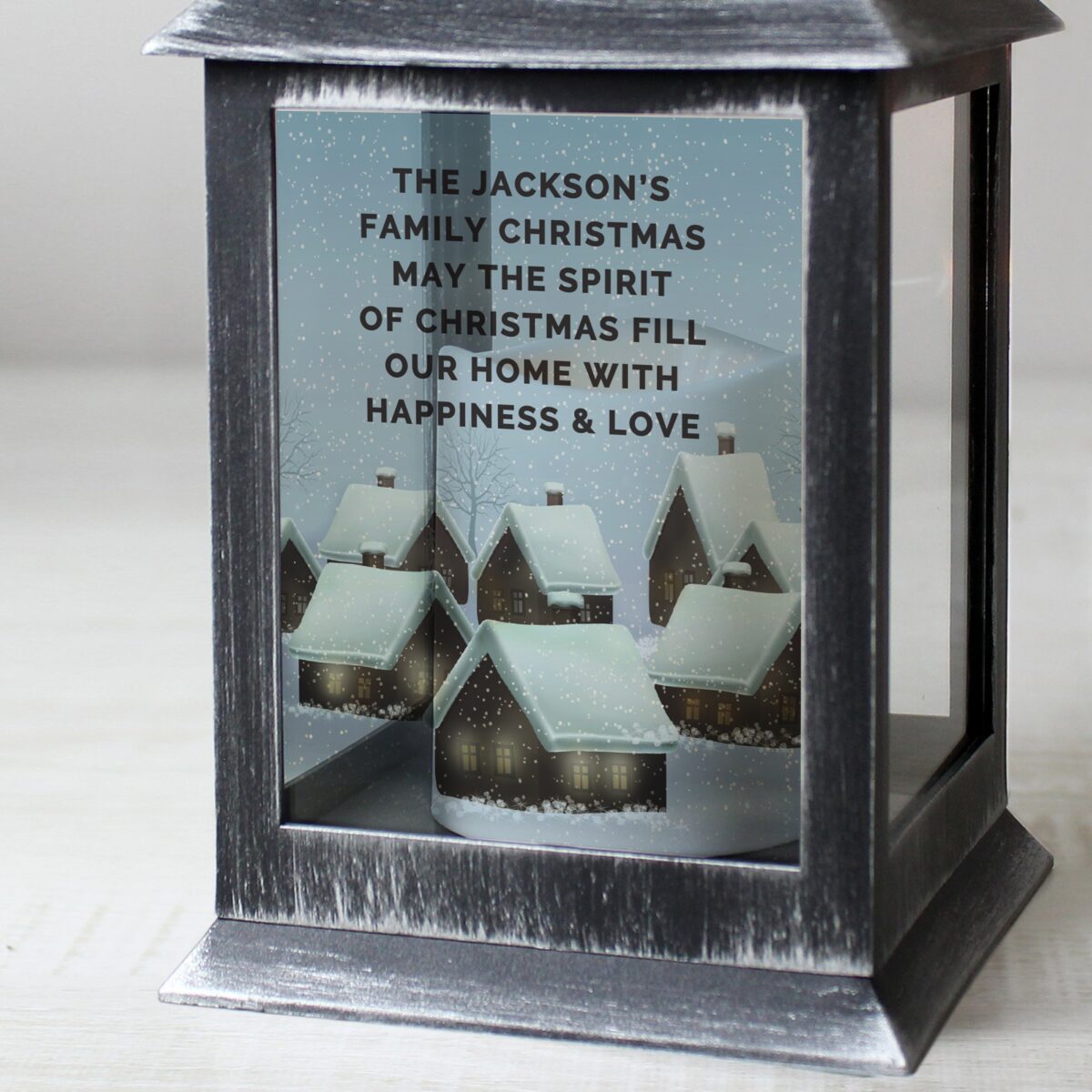 Personalised Christmas Town Black Lantern: 3 - LED Lighting By Gift Moments