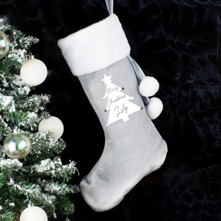 Personalised Christmas Tree Luxury Silver Grey Stocking: 2 - Christmas Stockings By Gift Moments