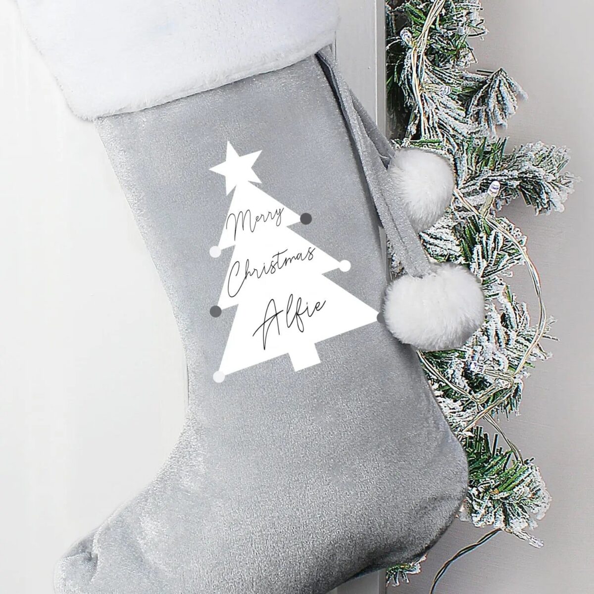 Personalised Christmas Tree Luxury Silver Grey Stocking: 1 - Christmas Stockings By Gift Moments