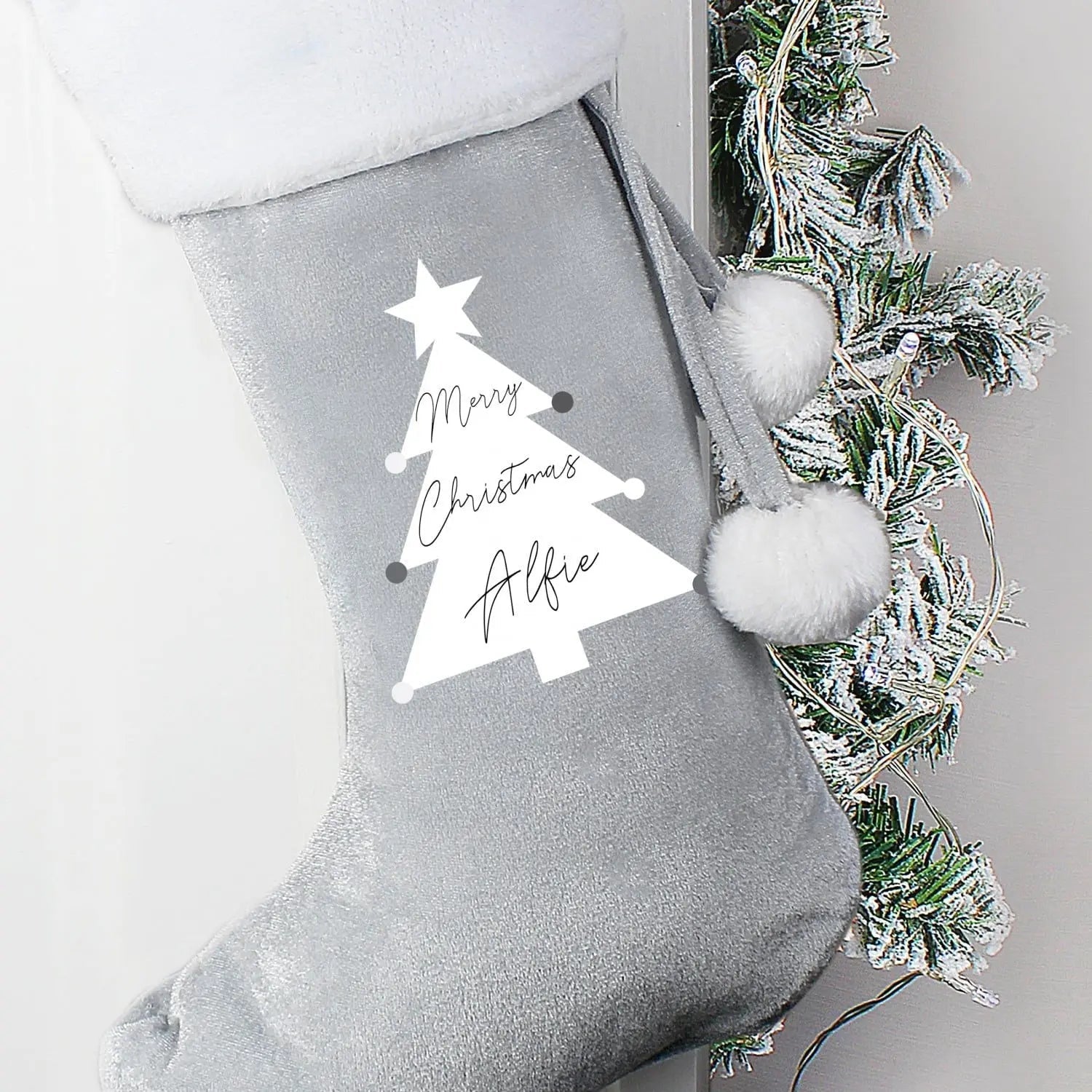 Personalised Christmas Tree Luxury Silver Grey Stocking: 1 - Christmas Stockings By Gift Moments