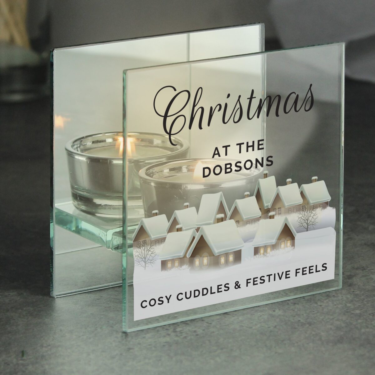 Personalised Christmas Village Glass Tea Light Candle Holder: 5 - Candle Holders By Gift Moments
