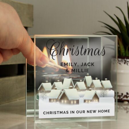 Personalised Christmas Village Glass Tea Light Candle Holder: 1 - Candle Holders By Gift Moments