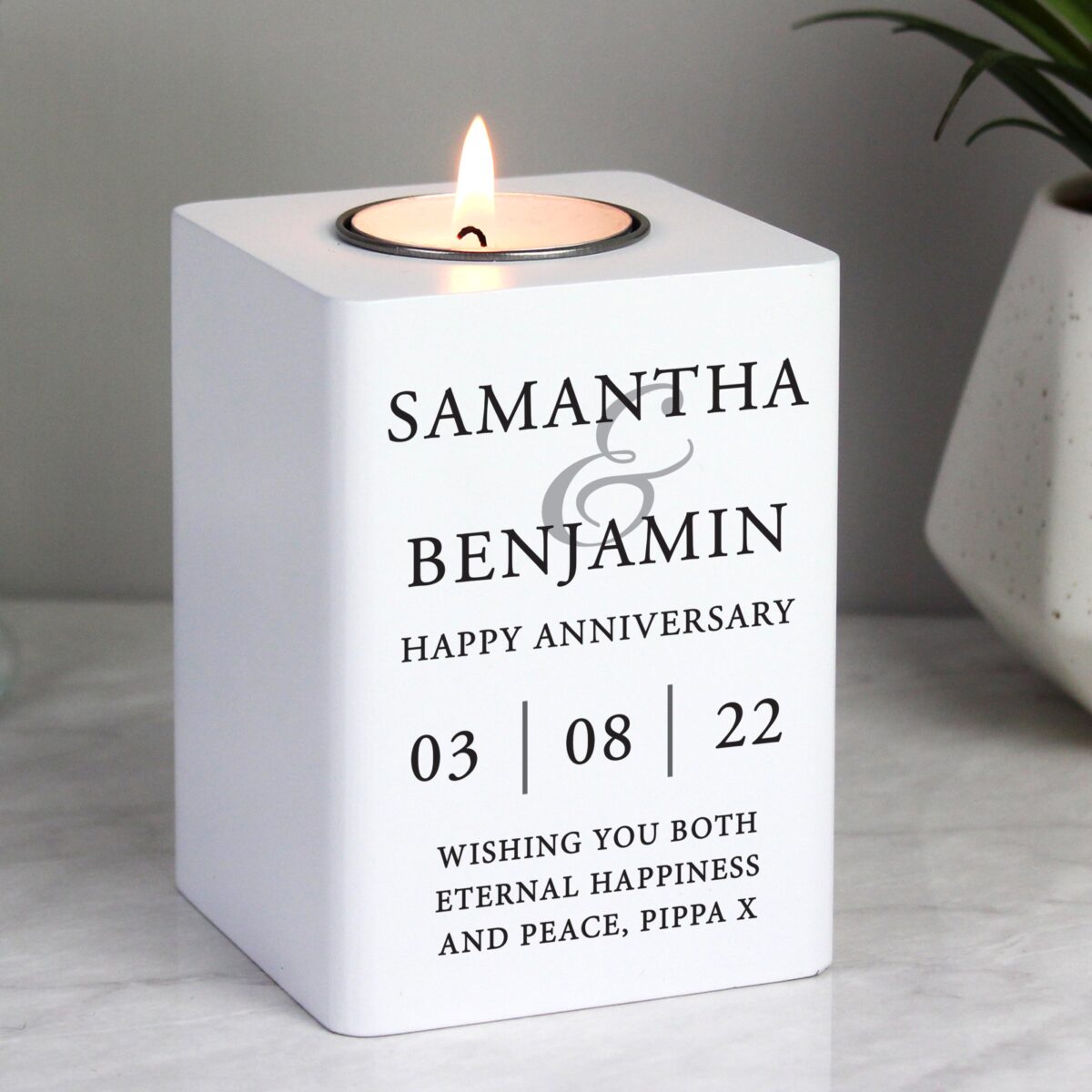 Personalised Couples White Wooden Tea light Holder: 4 - Candle Holders By Gift Moments