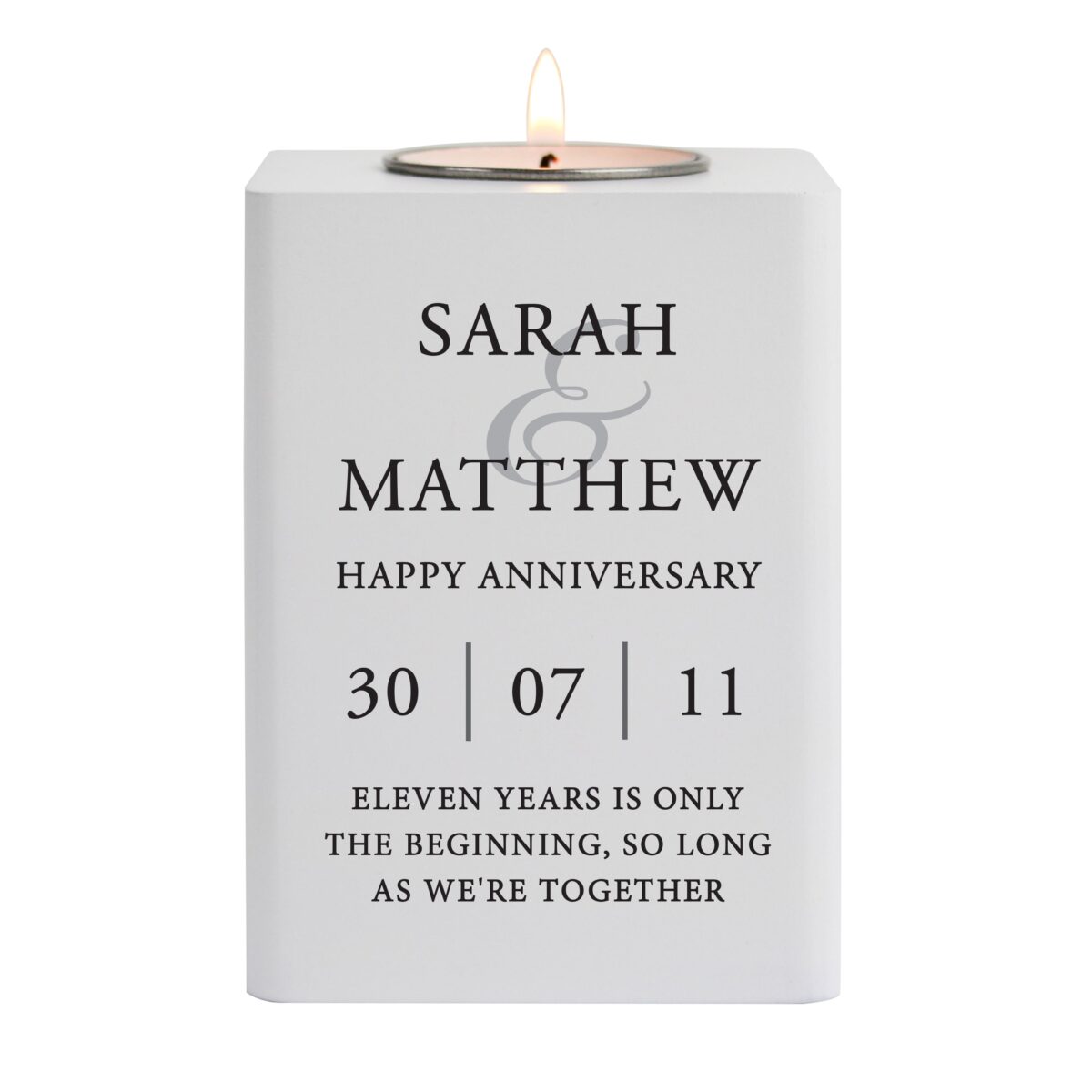 Personalised Couples White Wooden Tea light Holder: 5 - Candle Holders By Gift Moments
