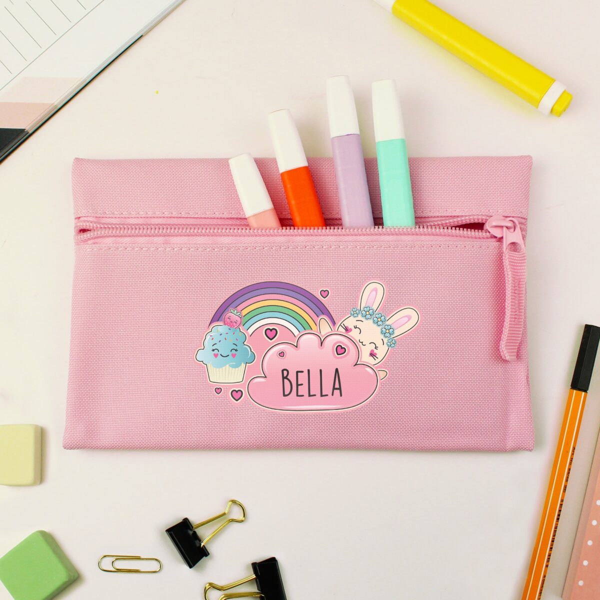 Personalised Cute Bunny Pink Pencil Case: 3 - Pencil Cases & Sets By Gift Moments