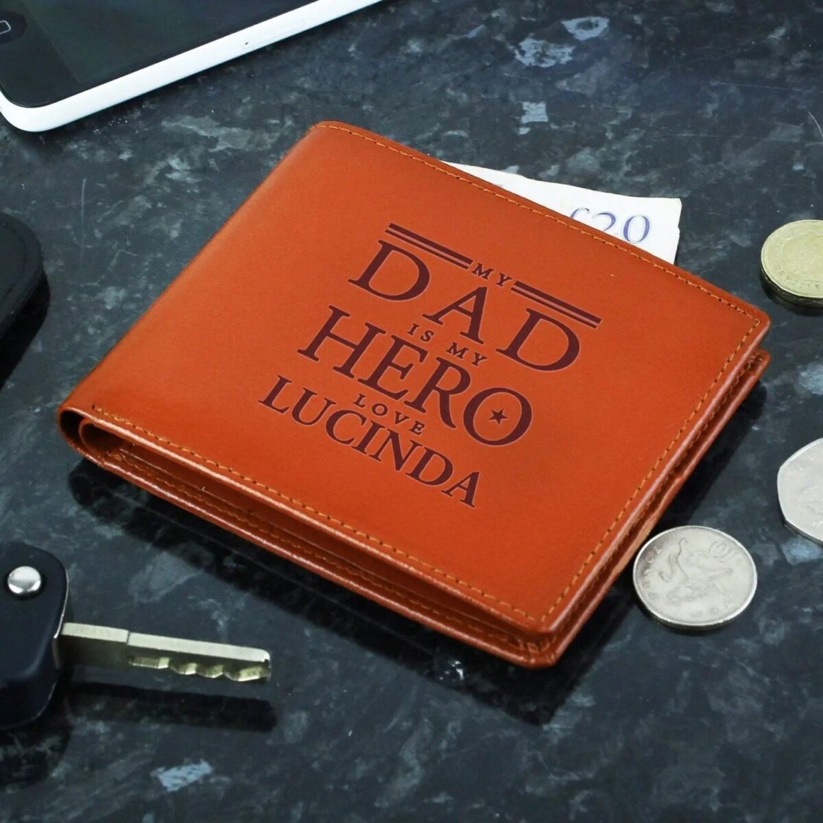 Personalised My Dad is My Hero Tan Leather Wallet: 3 - Wallets & Money Clips By Gift Moments