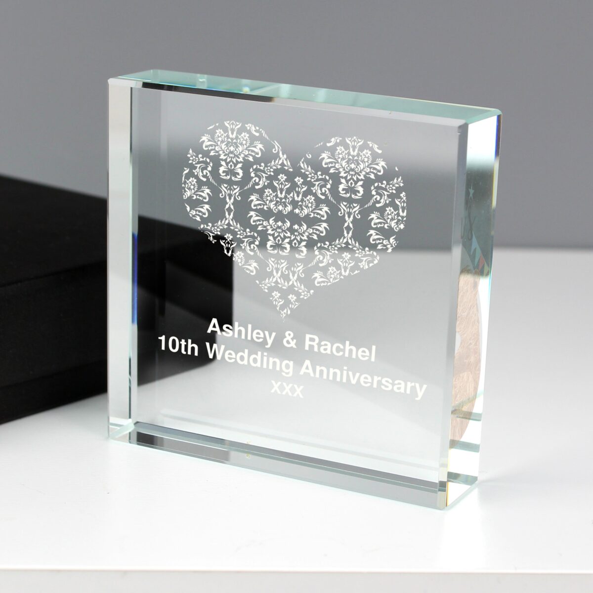 Personalised Damask White Heart Crystal Token: 3 - Crystal Tokens By Gift Moments