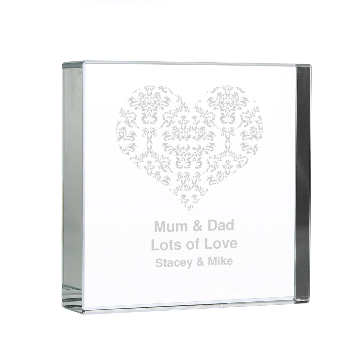 Personalised Damask White Heart Crystal Token: 2 - Crystal Tokens By Gift Moments