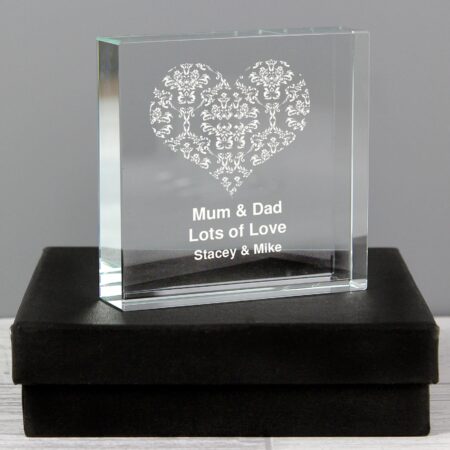 Personalised Damask White Heart Crystal Token: 1 - Crystal Tokens By Gift Moments