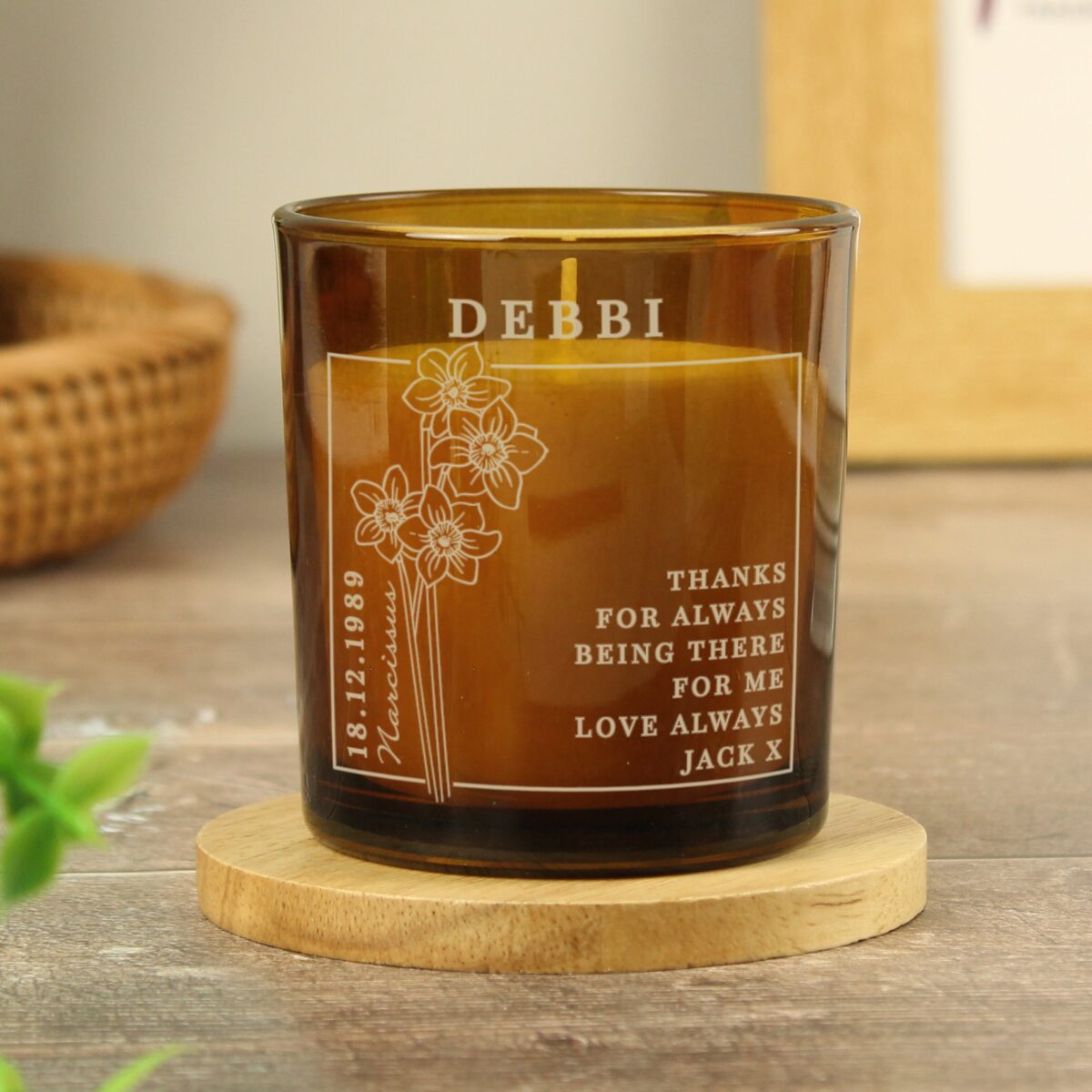 Personalised December Birth Flower Amber Glass Candle: 2 - Candles By Gift Moments