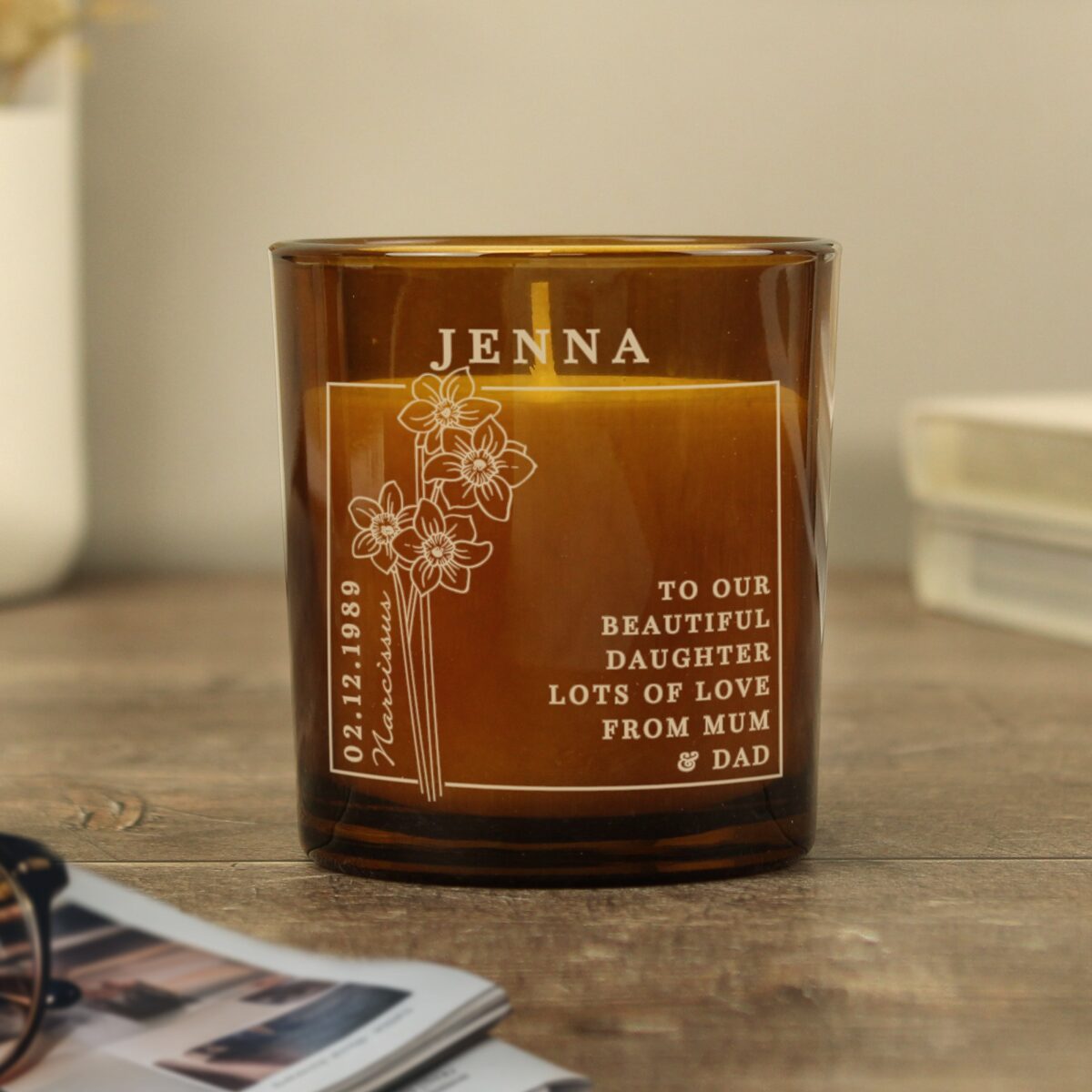Personalised December Birth Flower Amber Glass Candle: 7 - Candles By Gift Moments
