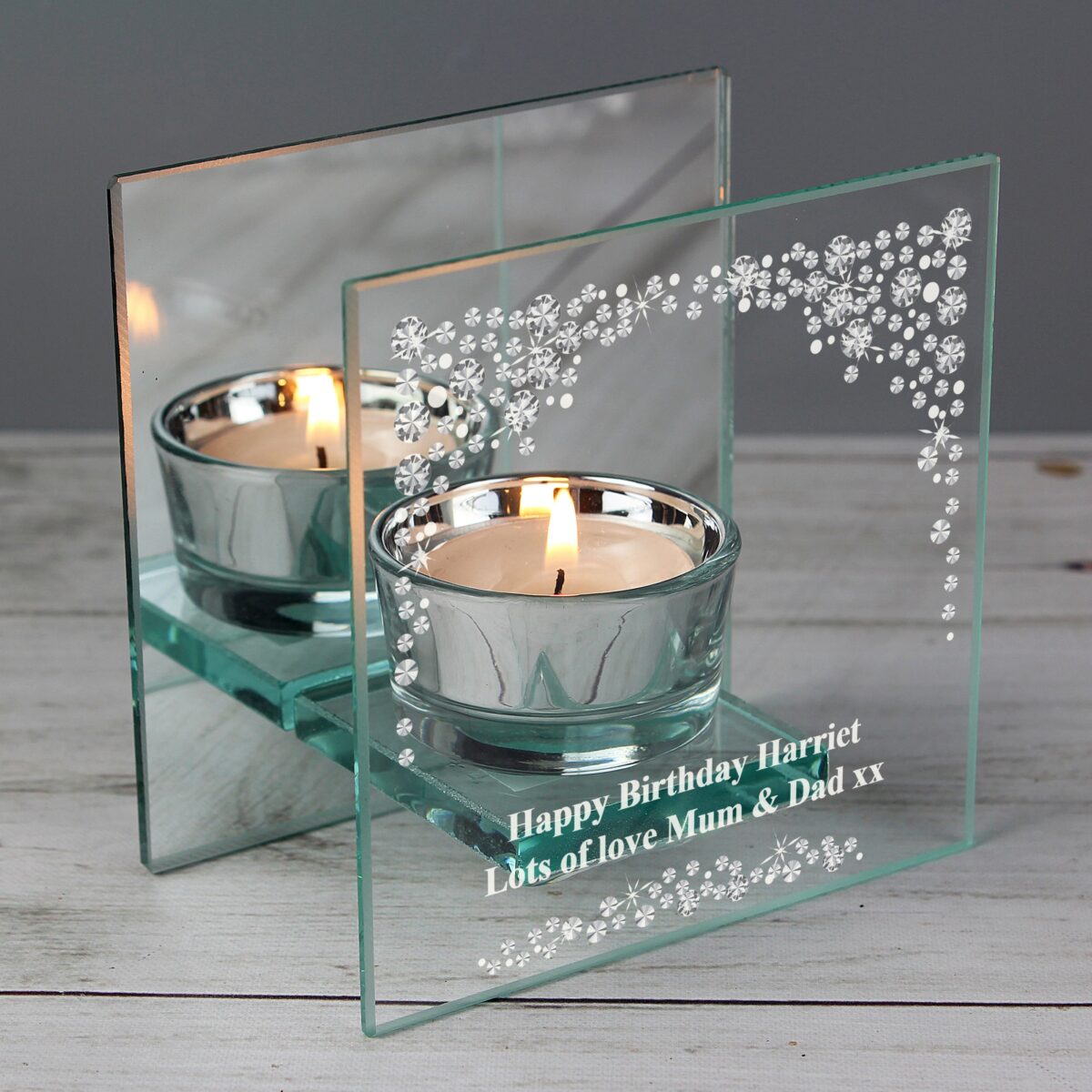 Personalised Diamante Effect Mirrored Glass Tea Light Candle Holder: 3 - Candle Holders By Gift Moments