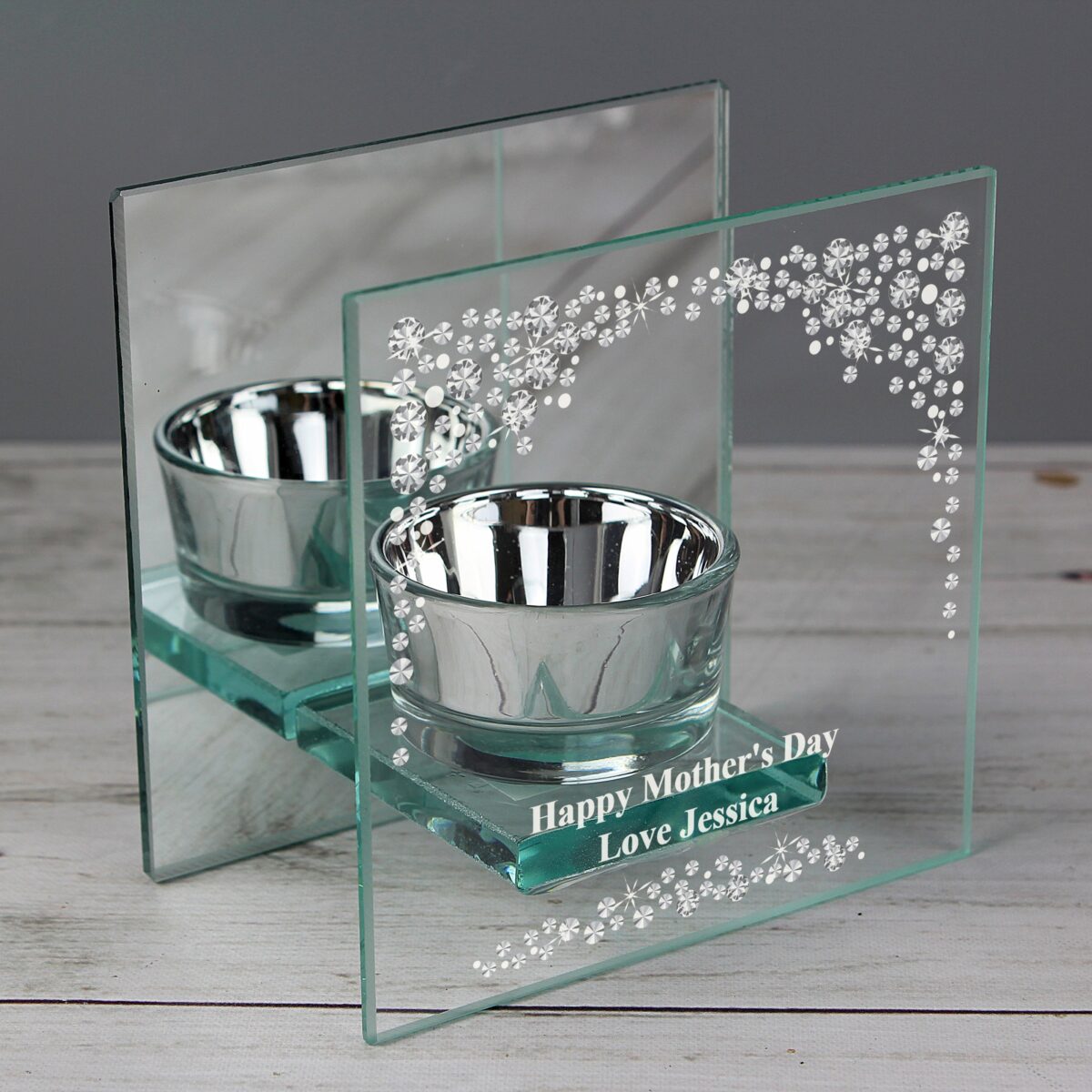 Personalised Diamante Effect Mirrored Glass Tea Light Candle Holder: 2 - Candle Holders By Gift Moments