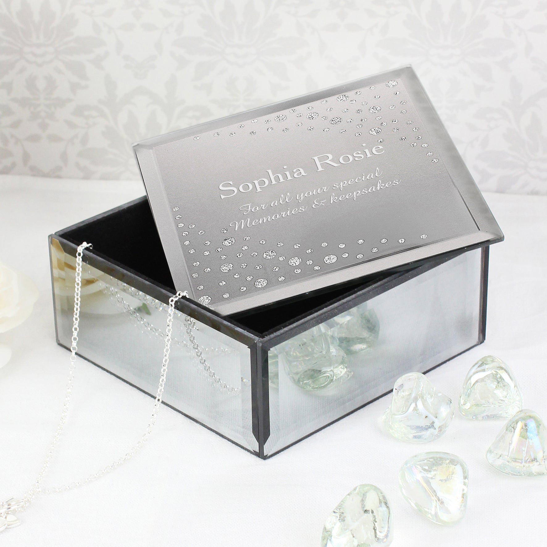 Personalised Diamante Name & Message Glass Trinket Box: 1 - Trinket Boxes By Gift Moments