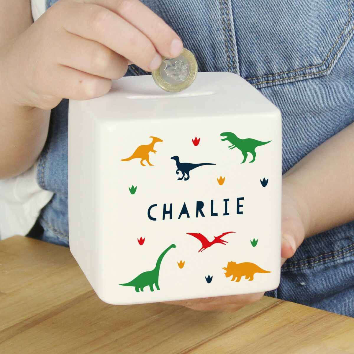 Personalised Dinosaur Ceramic Square Money Box: 2 - Money Boxes By Gift Moments