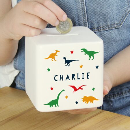 Personalised Dinosaur Ceramic Square Money Box: 2 - Money Boxes By Gift Moments