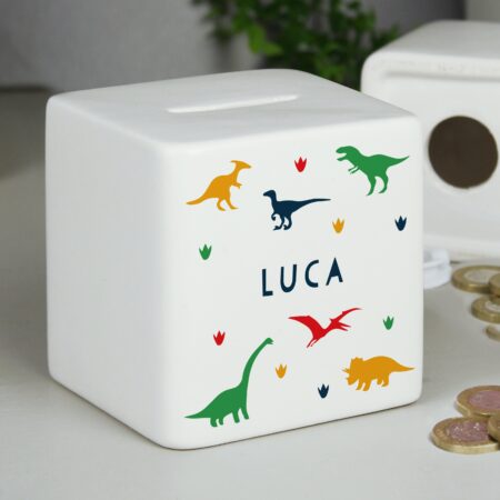 Personalised Dinosaur Ceramic Square Money Box: 1 - Money Boxes By Gift Moments