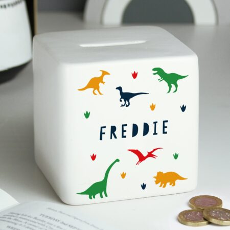 Personalised Dinosaur Ceramic Square Money Box: 4 - Money Boxes By Gift Moments