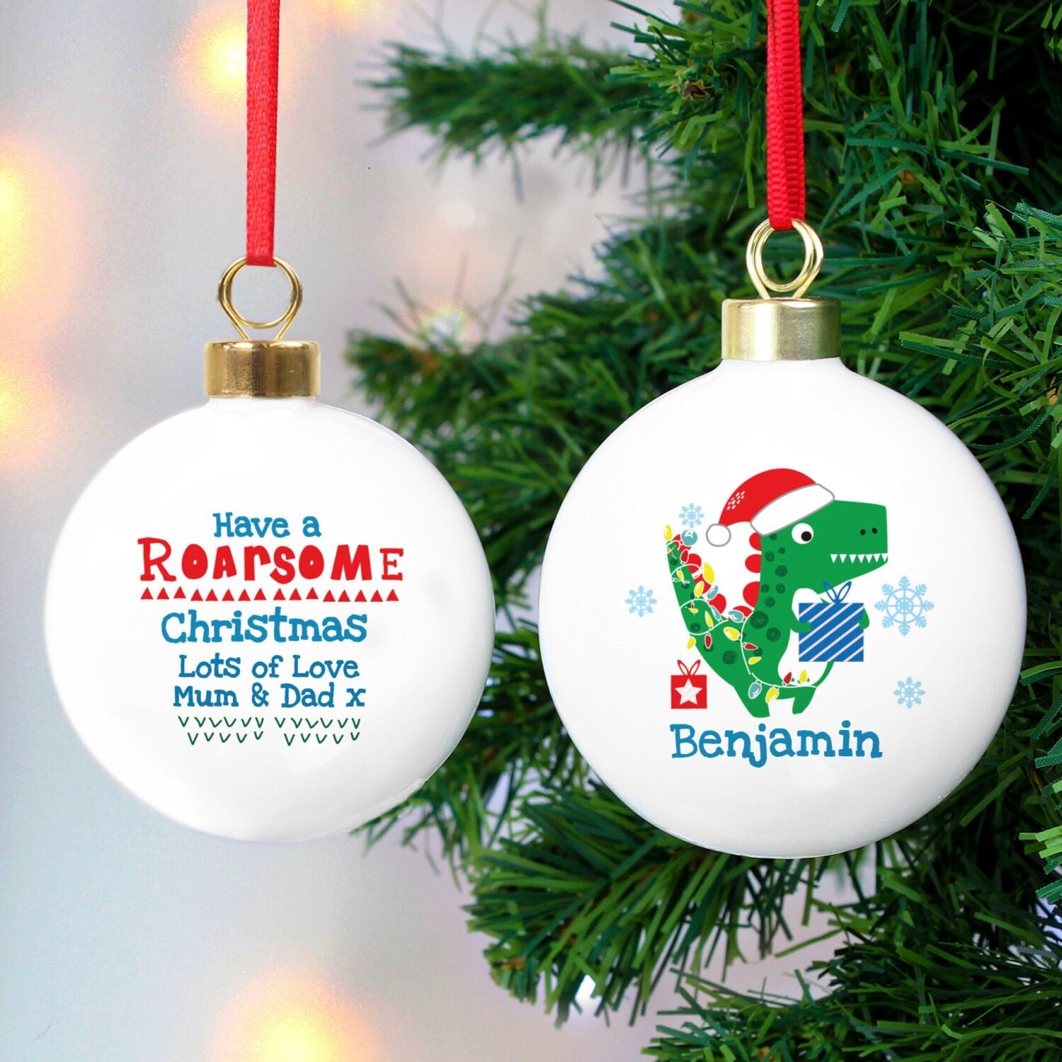 Personalised Dinosaur ’Have a Roarsome Christmas’ Bauble: 1 - Christmas Baubles By Gift Moments