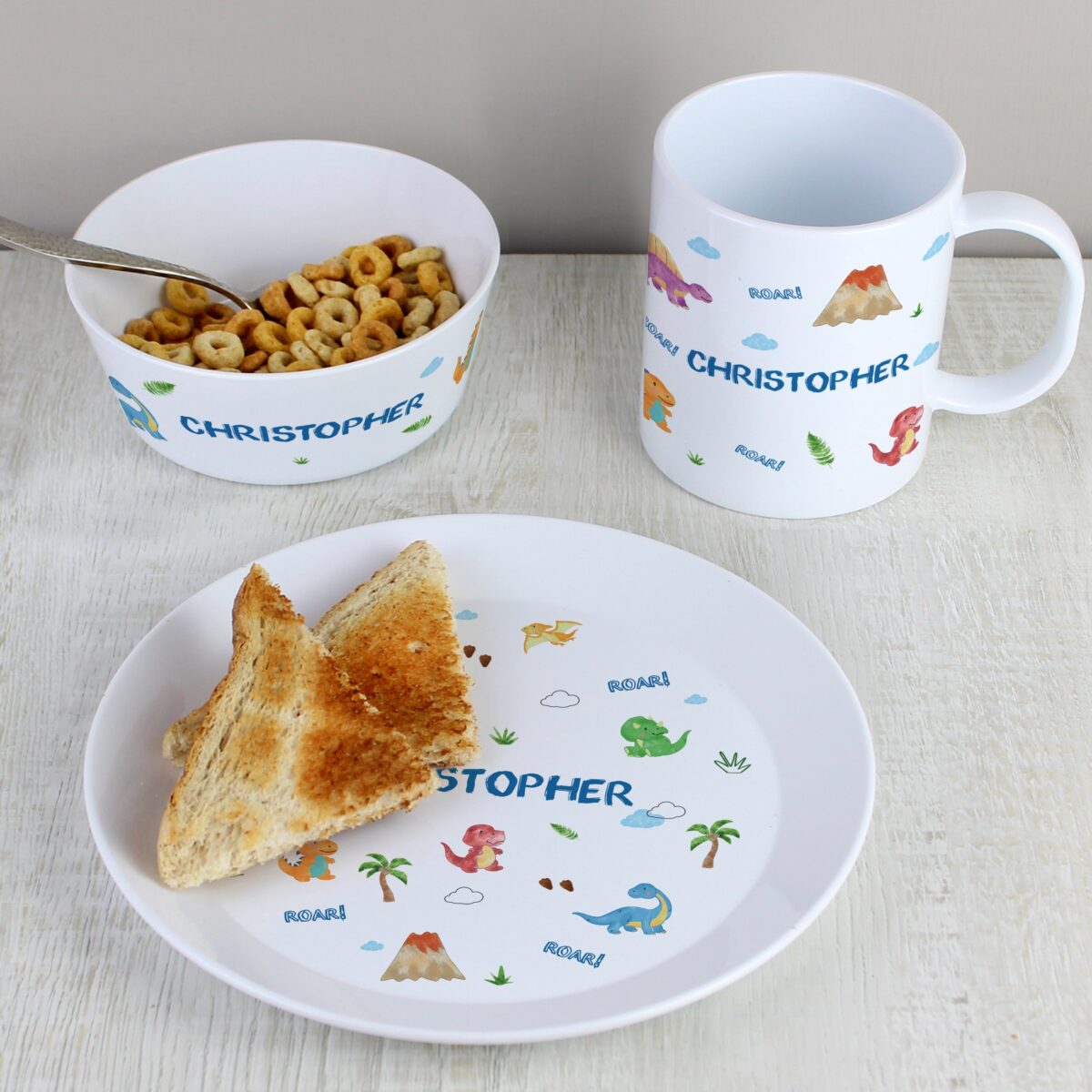 Personalised Dinosaur Plastic Breakfast Set: 2 - Tableware By Gift Moments