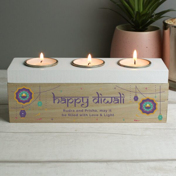 Personalised Diwali Triple Tealight Box: 2 - Candle Holders By Gift Moments