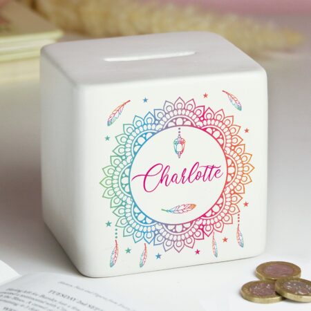 Personalised Dreamcatcher Ceramic Square Money Box: 2 - Money Boxes By Gift Moments