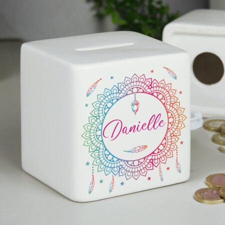 Personalised Dreamcatcher Ceramic Square Money Box: 1 - Money Boxes By Gift Moments