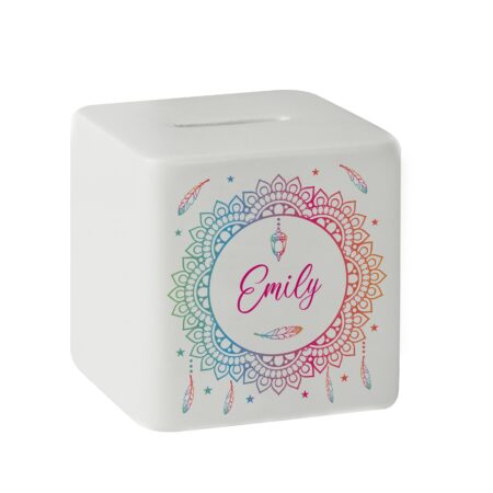 Personalised Dreamcatcher Ceramic Square Money Box: 5 - Money Boxes By Gift Moments
