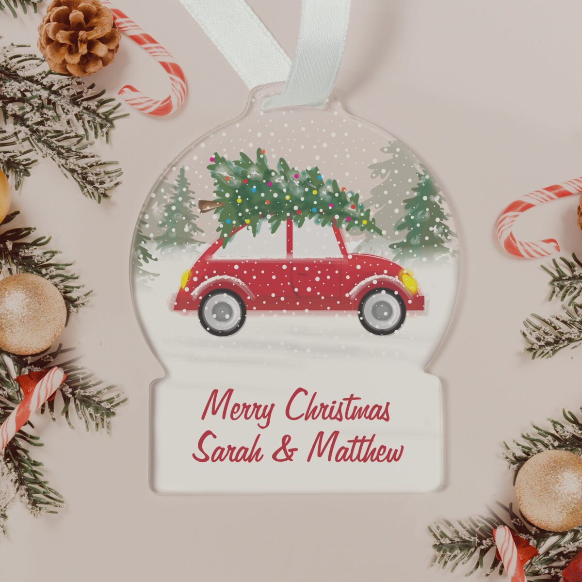 Personalised Driving Home For Christmas Acrylic Snow globe Decoration: 3 - Christmas Decorations By Gift Moments
