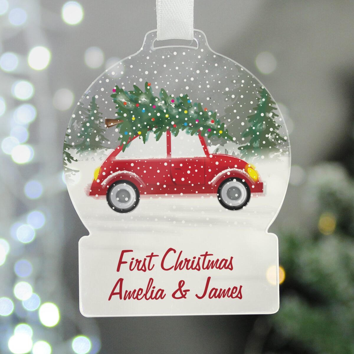 Personalised Driving Home For Christmas Acrylic Snow globe Decoration: 4 - Christmas Decorations By Gift Moments