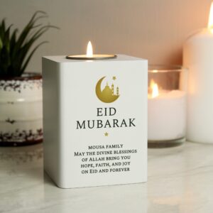 Personalised Eid and Ramadan White Wooden Tea light Holder: 3 - Candle Holders By Gift Moments