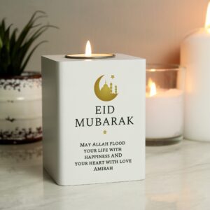 Personalised Eid and Ramadan White Wooden Tea light Holder: 2 - Candle Holders By Gift Moments