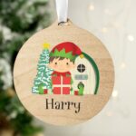 Personalised Elf Round Wooden Decoration: 1 - Christmas Decorations By Gift Moments