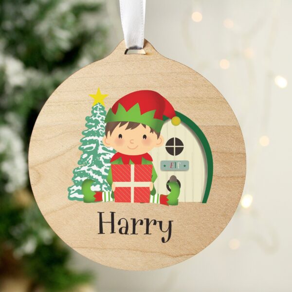 Personalised Elf Round Wooden Decoration: 1 - Christmas Decorations By Gift Moments